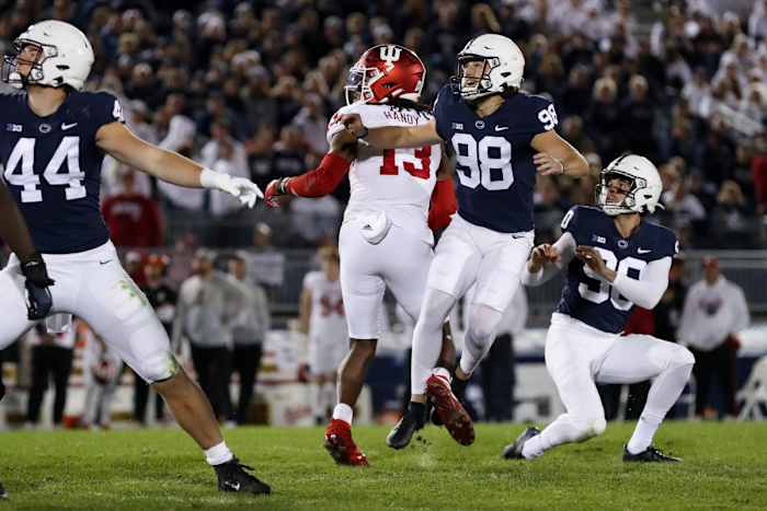 Penn State's Jordan Stout (98) made a 50-yard field goal against Indiana. (Matthew O'Haren/USA Today Sports)